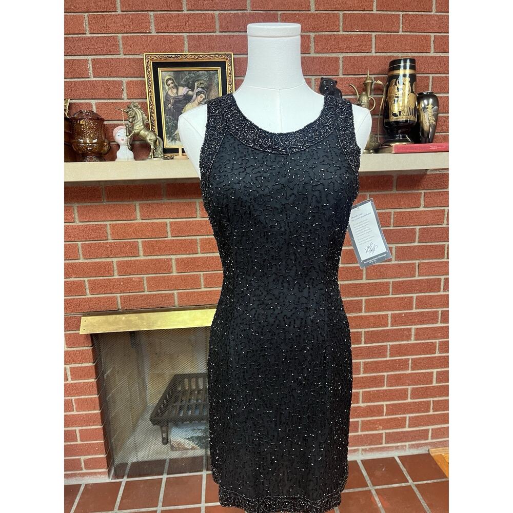 Vintage Coachella Black Silk Beaded Shift Sleeveless Dress PS Fairy Whimsigoth